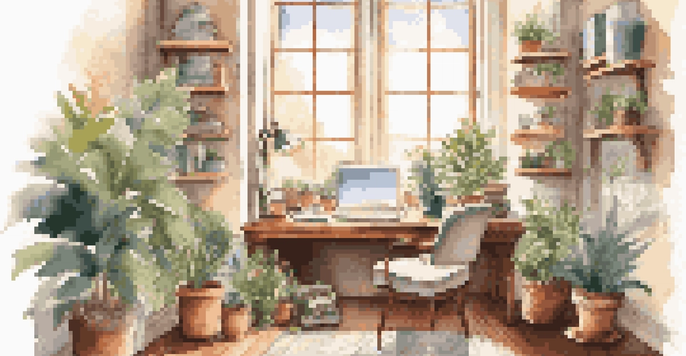 A cozy home office with an armchair, a cup of tea, and sunlight pouring through a window, surrounded by plants, reflecting a peaceful work-life balance.
