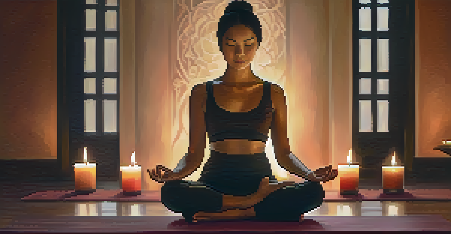 A person meditating on a mat surrounded by candles, conveying a sense of peace and tranquility.