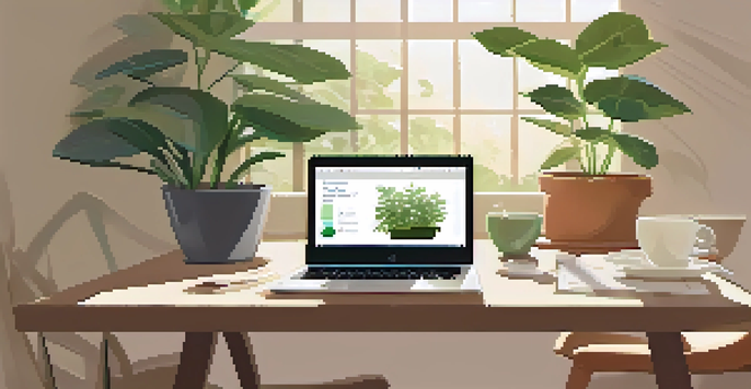 A modern workspace with a laptop displaying a mindfulness app, a cup of herbal tea, and a potted plant, illuminated by sunlight.