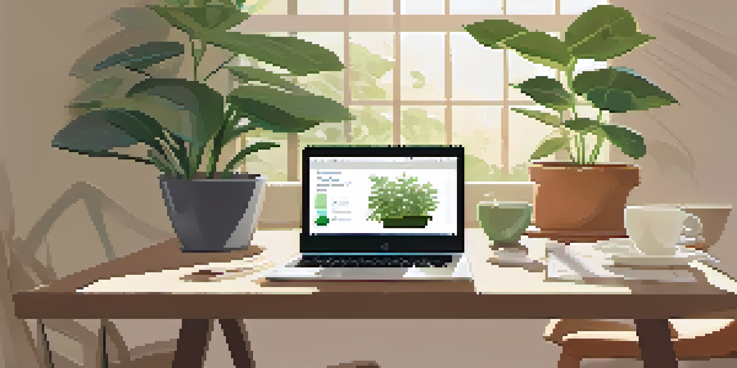 A modern workspace with a laptop displaying a mindfulness app, a cup of herbal tea, and a potted plant, illuminated by sunlight.