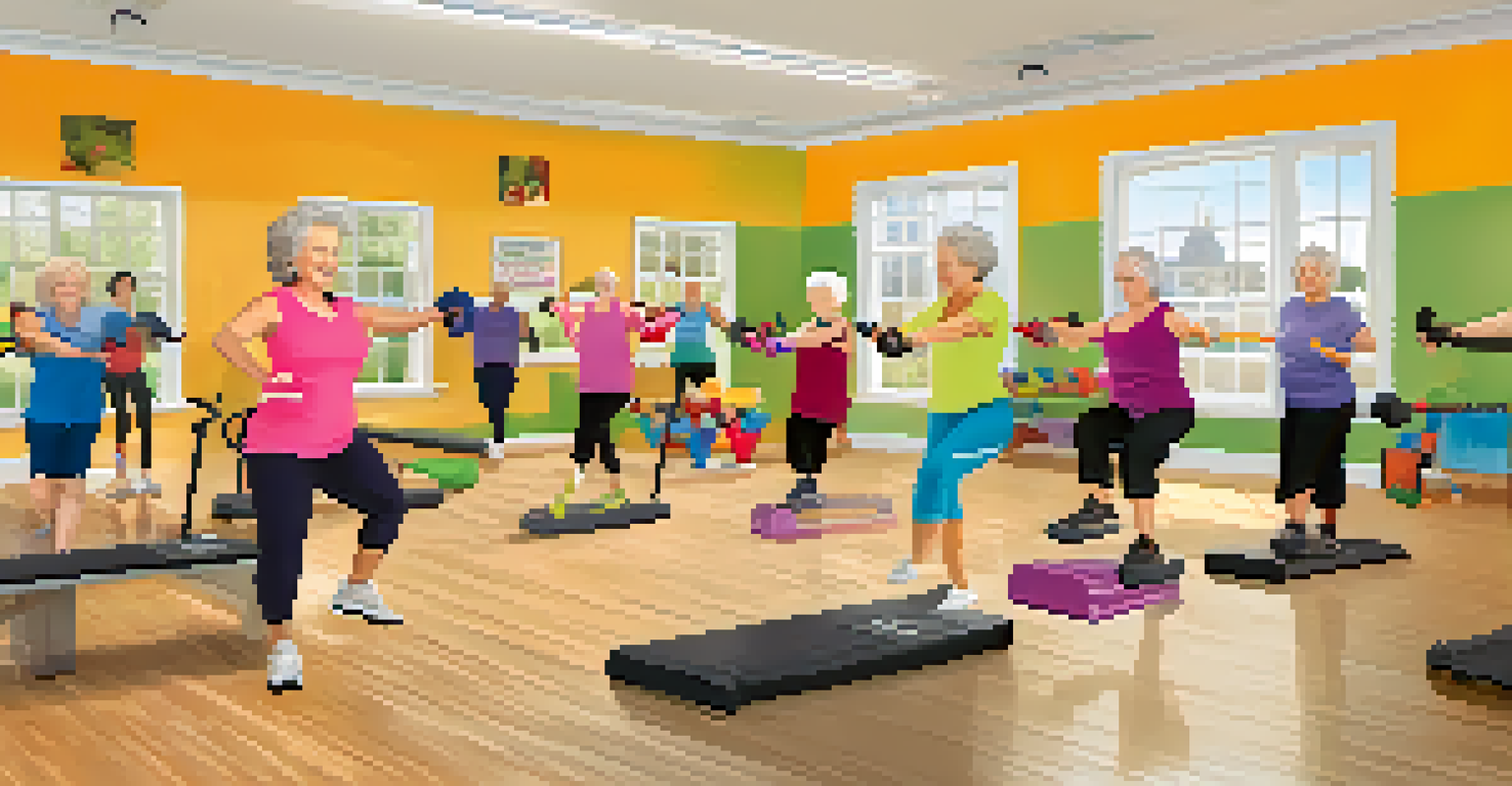 Seniors engaging in a vibrant indoor exercise class with colorful equipment and an encouraging instructor.