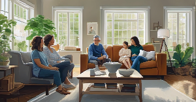 A family discussing their health history in a cozy living room, with a family tree diagram on the table and warm lighting.