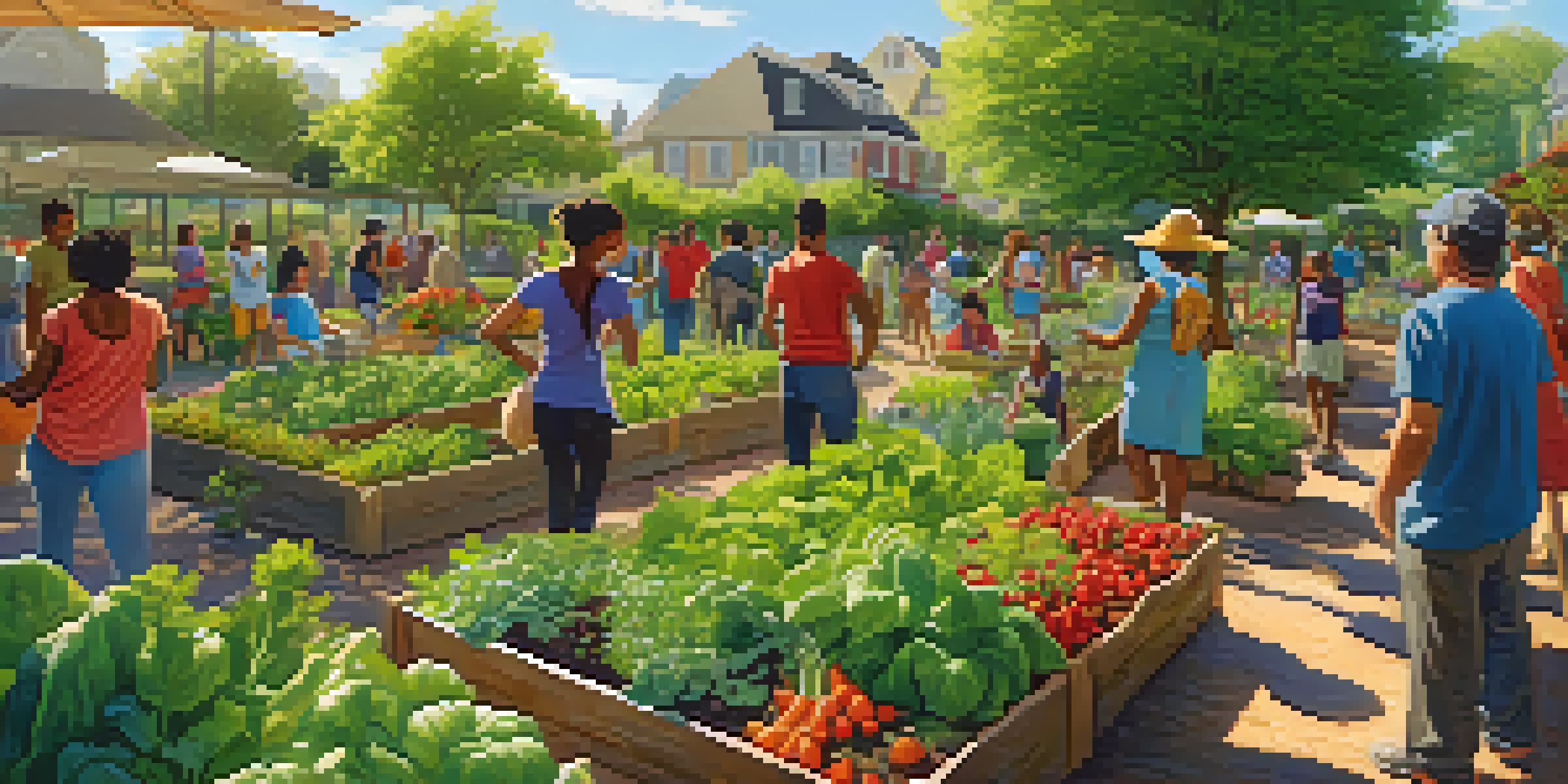 A lively community garden with people of different backgrounds planting vegetables and fruits under a sunny sky.
