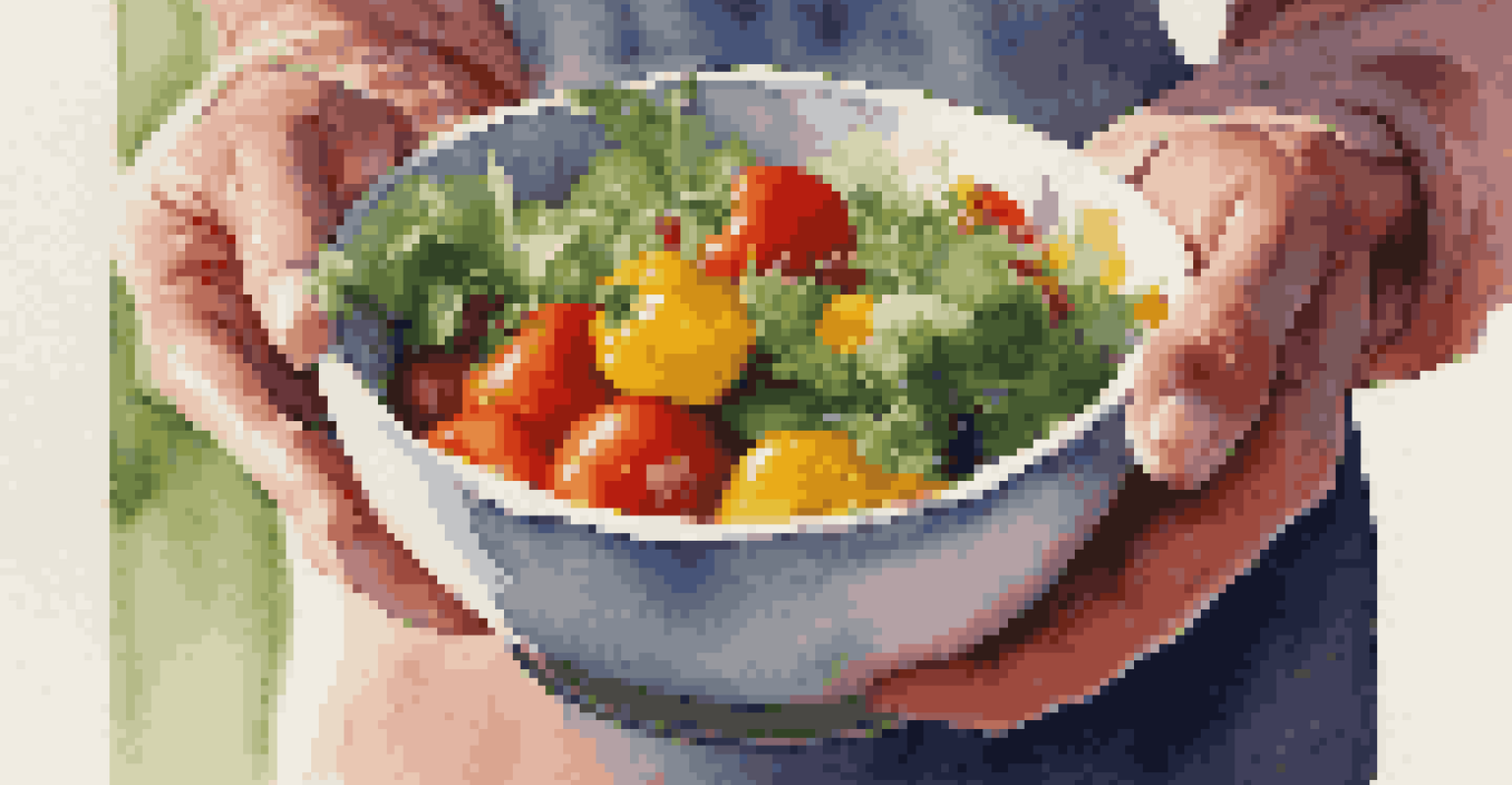 A close-up of hands holding a bowl of colorful salad, highlighting the fresh ingredients and textures in a warm setting.