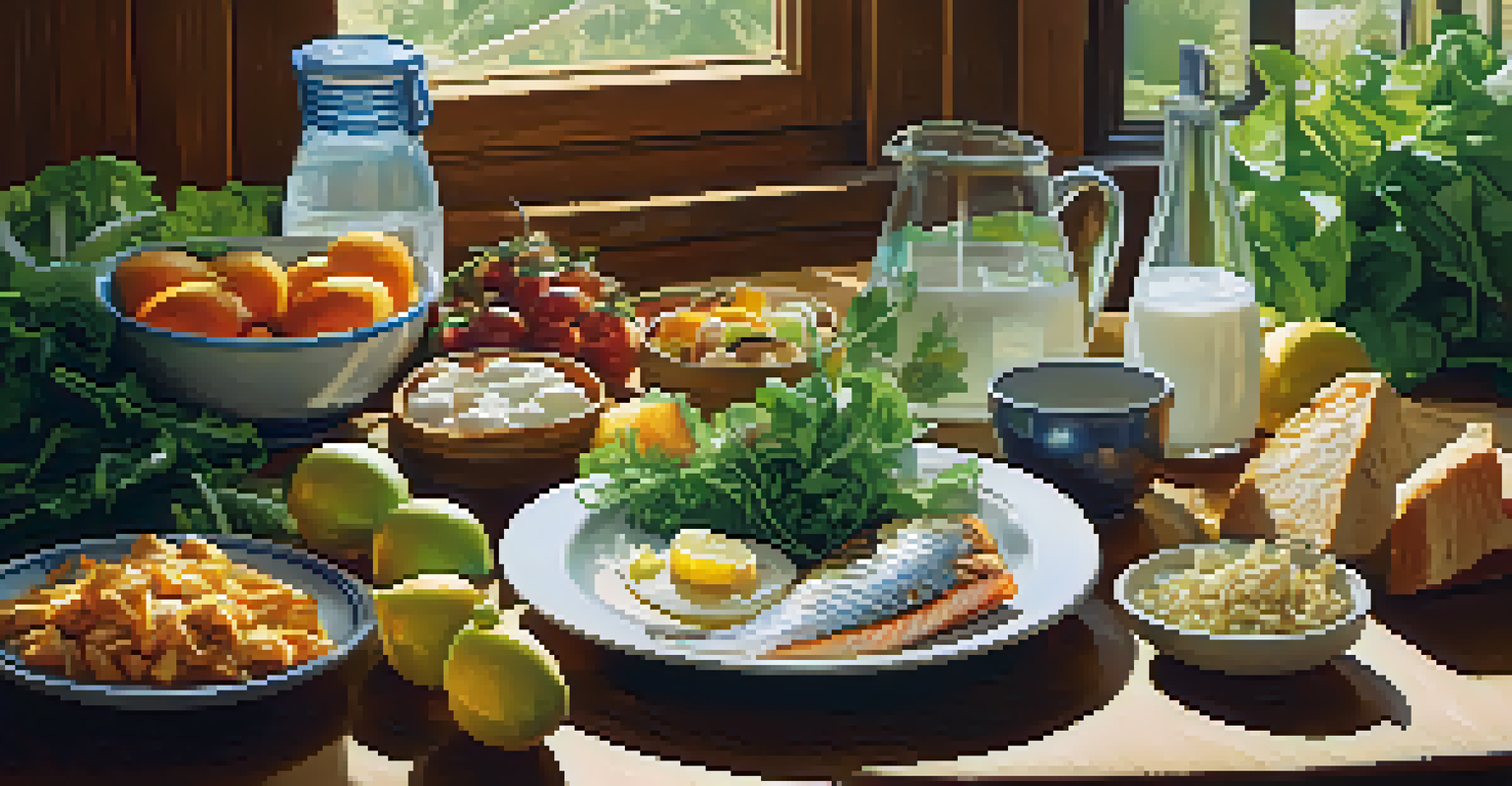A colorful kitchen table filled with calcium and vitamin D-rich foods including leafy greens, dairy, and fish, illuminated by sunlight.