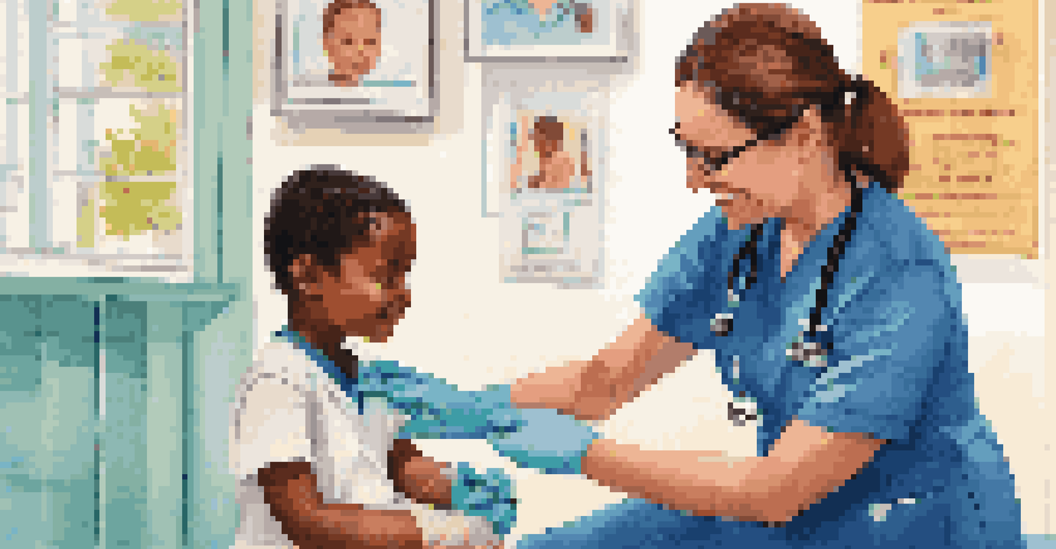A healthcare worker giving a vaccine to a child in a bright clinic, with educational posters on the walls.