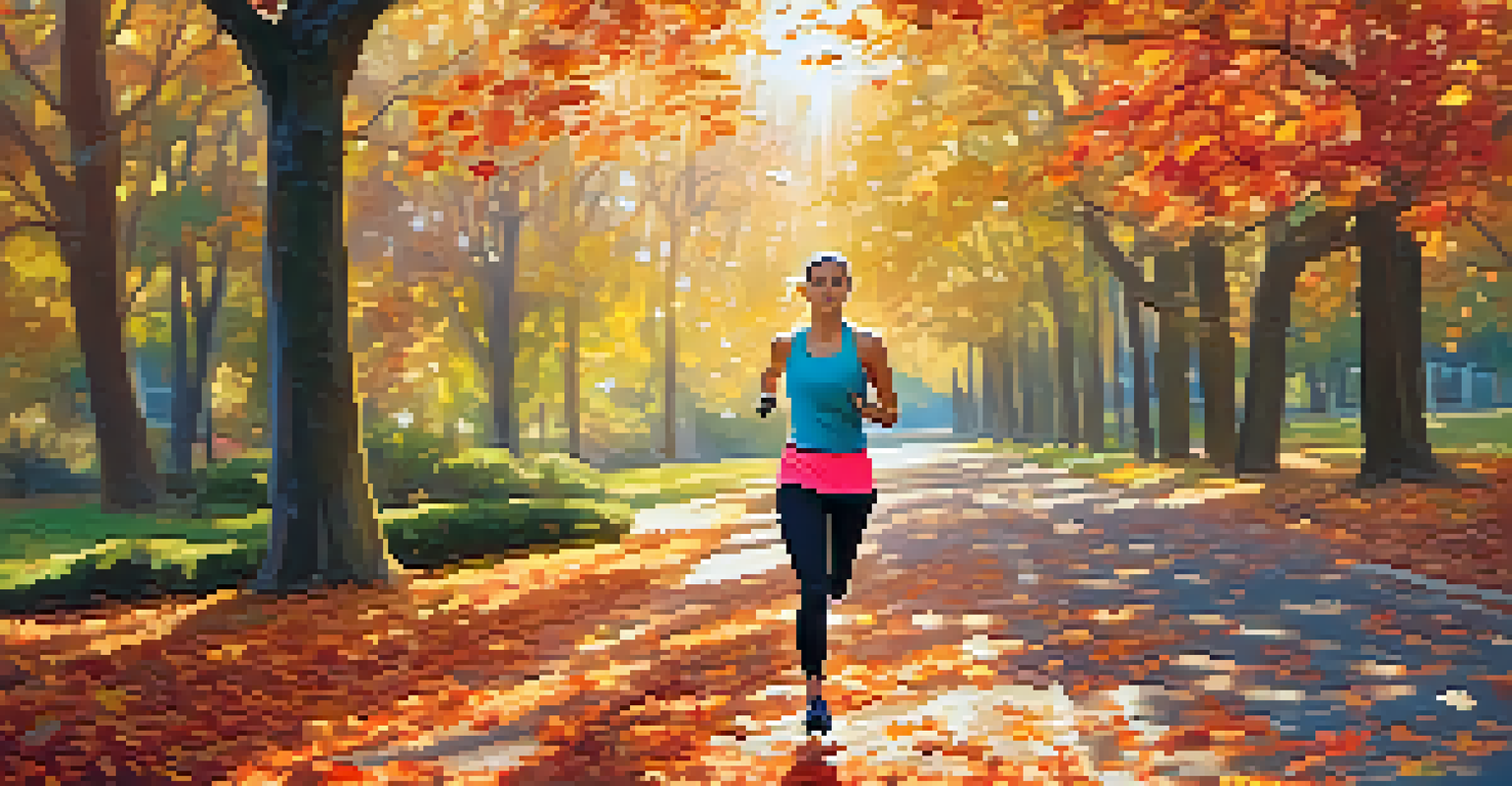 A person jogging in a colorful park with a fitness tracker on their wrist under warm sunlight.