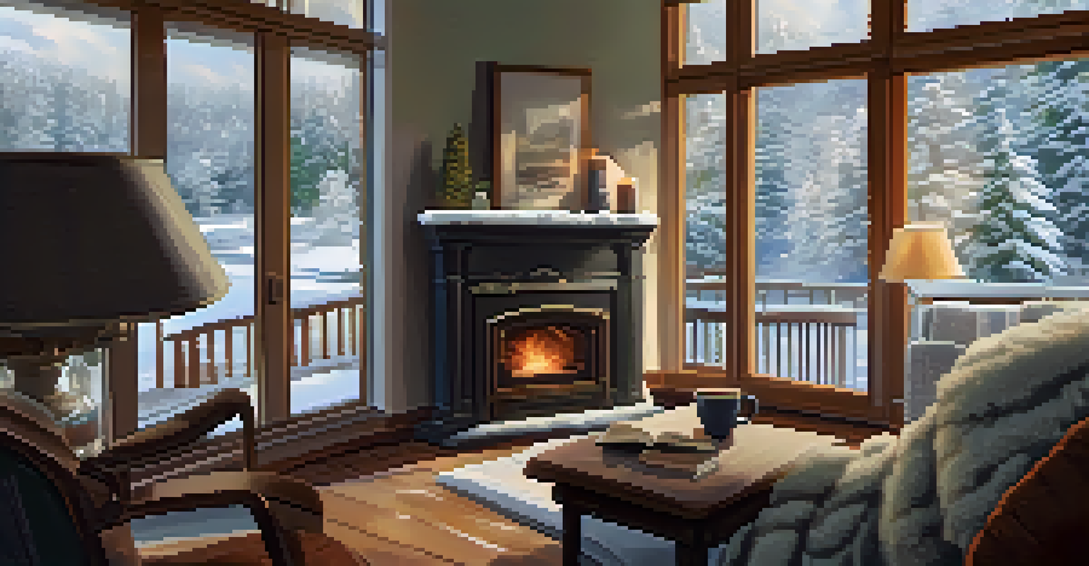 A warm living room with a fireplace, a cozy armchair, and a snowy view outside the window.