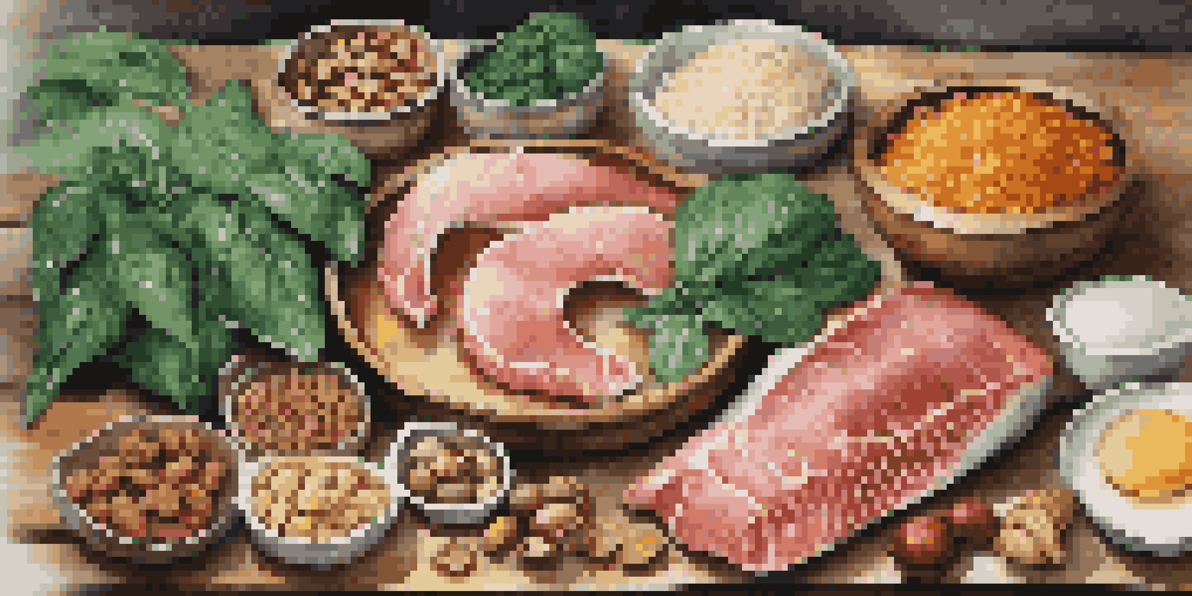 A beautifully arranged display of nutrient-rich foods high in Coenzyme Q10, including fish, liver, spinach, grains, and nuts, set on a wooden table.