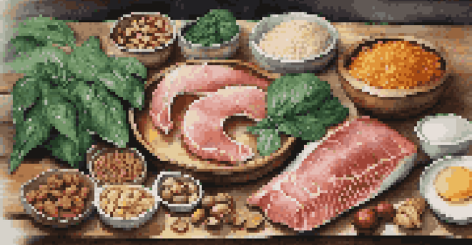A beautifully arranged display of nutrient-rich foods high in Coenzyme Q10, including fish, liver, spinach, grains, and nuts, set on a wooden table.