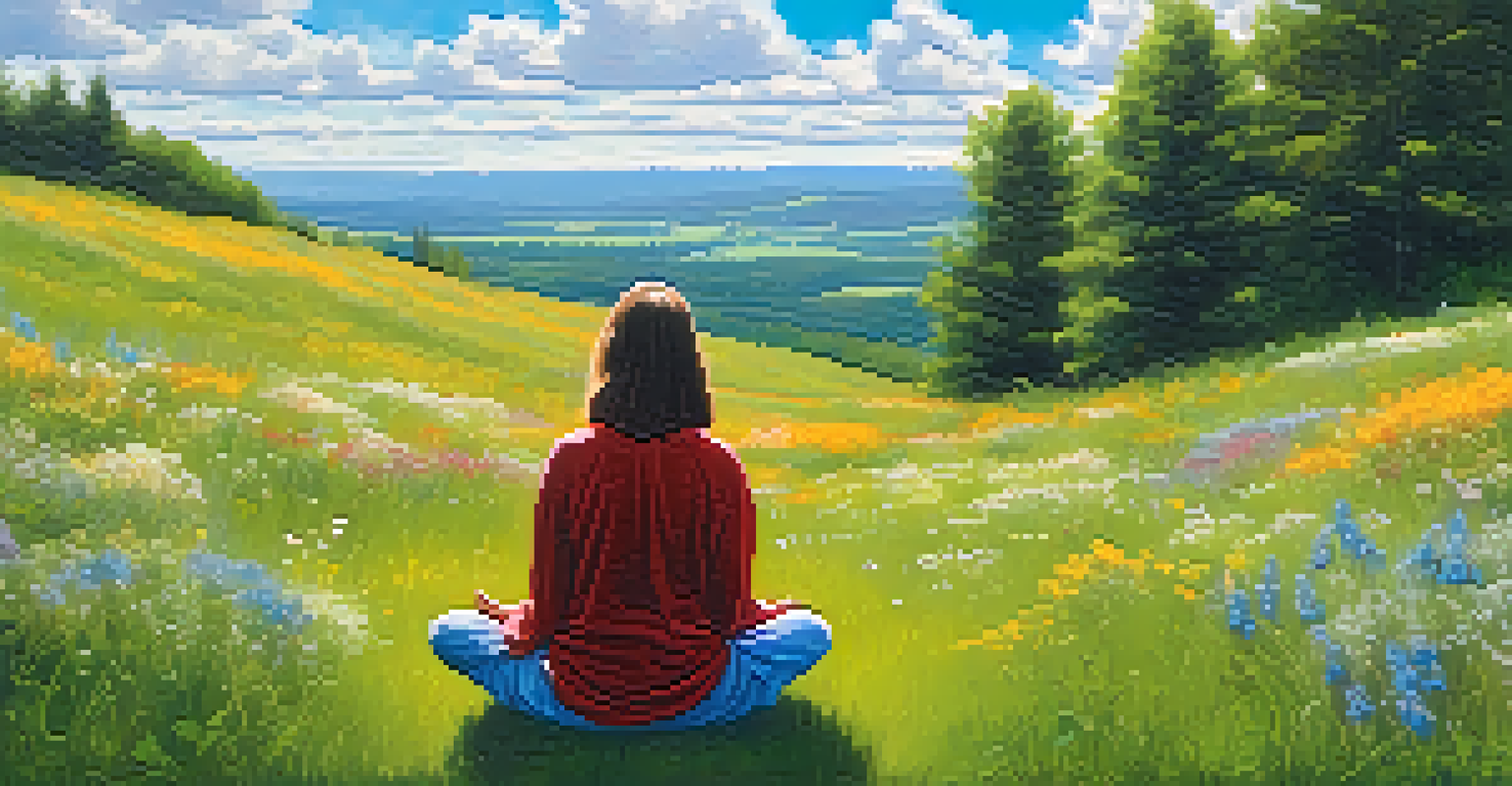 A person meditating cross-legged on a grassy hill in nature, surrounded by wildflowers, with a bright blue sky and fluffy white clouds, representing tranquility and mindfulness.