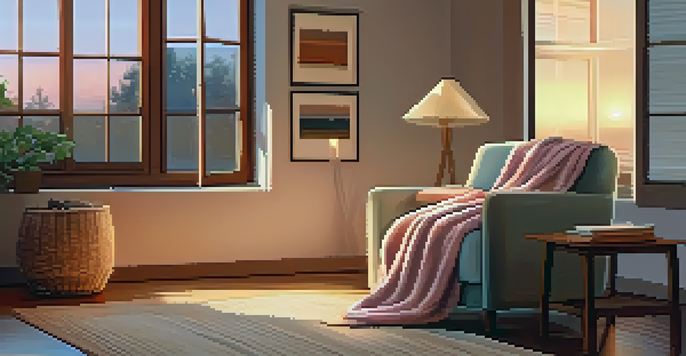 A cozy living room with a plush armchair and a heating pad on a table, illuminated by warm ambient lighting and a sunset visible through the window.