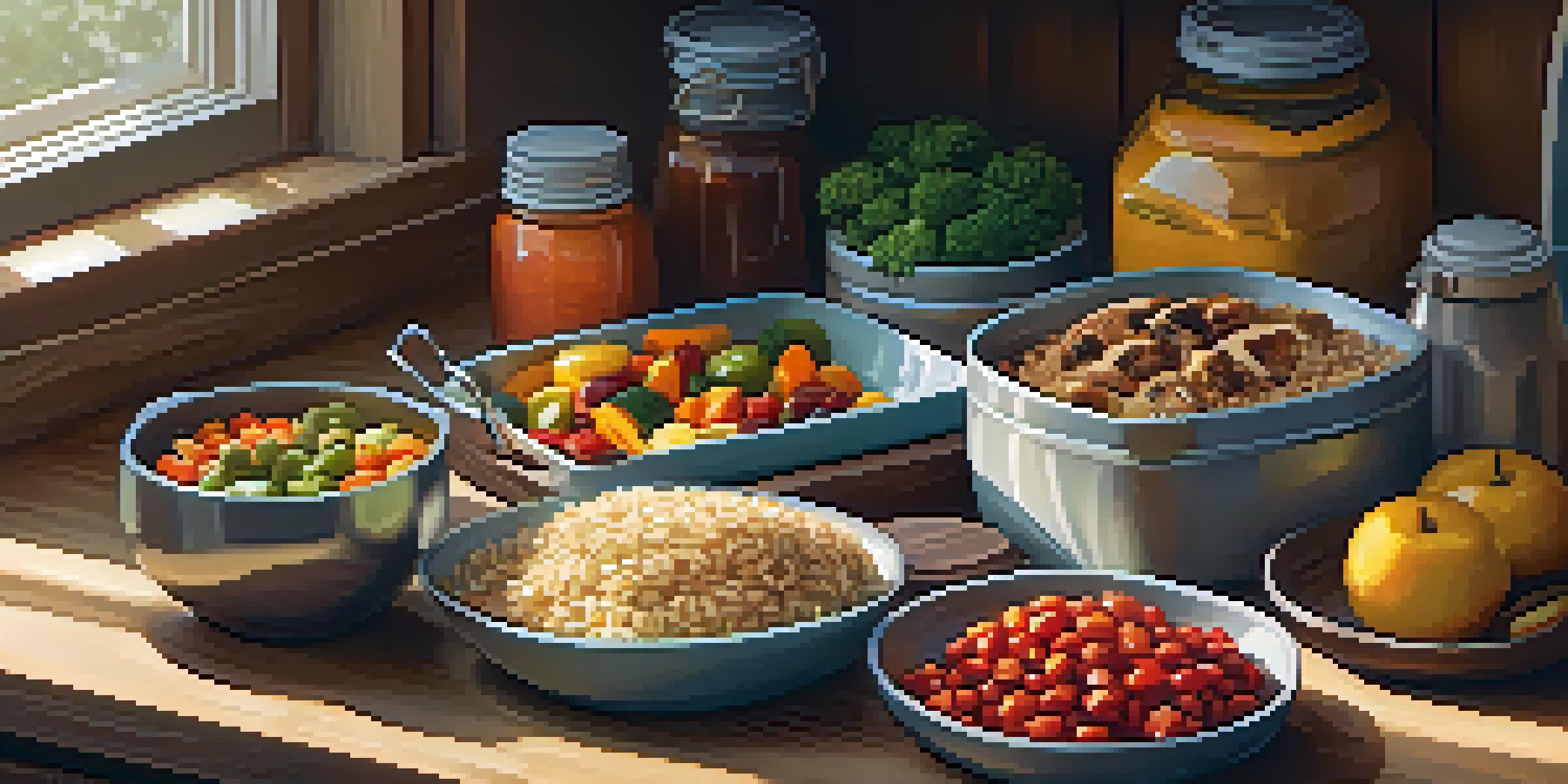 A well-organized meal prep station with colorful containers of healthy foods like brown rice, grilled chicken, and fresh fruits, bathed in soft natural light.