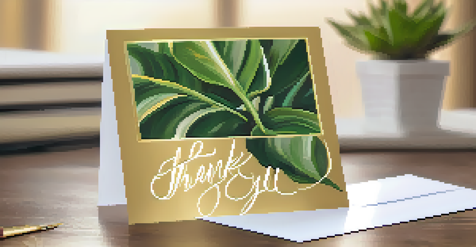 A hand holding a thank-you card with elegant lettering against a blurred office background.