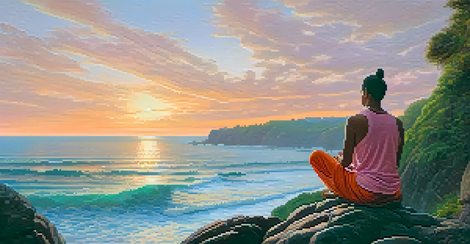 A person meditating on a rocky cliff by the ocean at sunset, surrounded by greenery, radiating tranquility.
