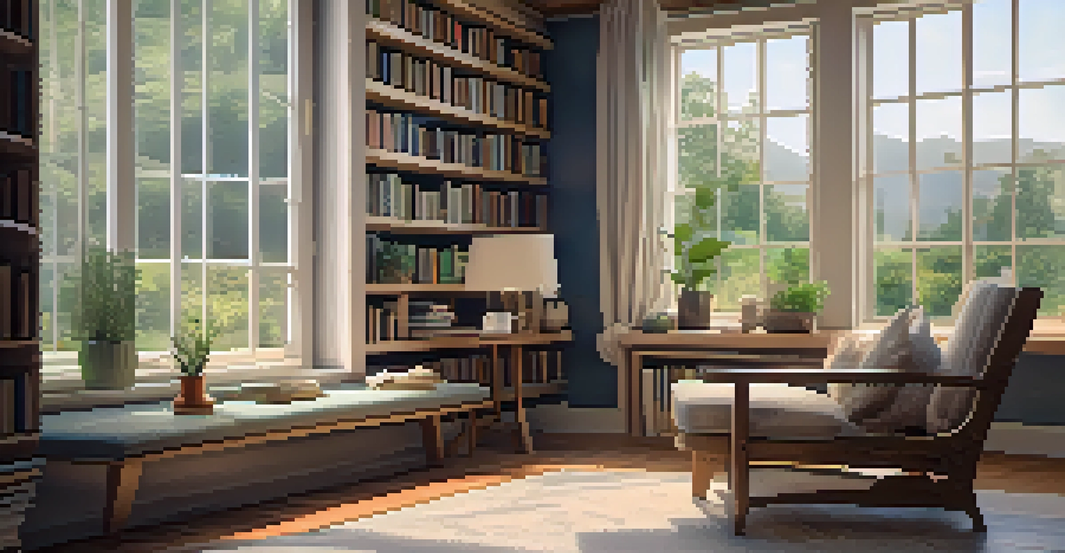 A cozy reading nook with an armchair, books, a cup of tea, and plants, illuminated by natural light.
