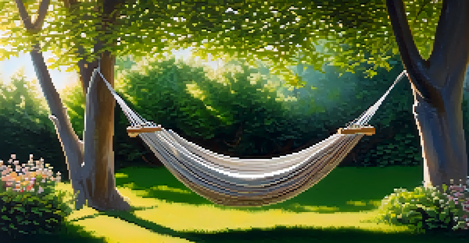 A relaxing outdoor scene with a hammock between trees, surrounded by greenery and sunlight filtering through leaves.