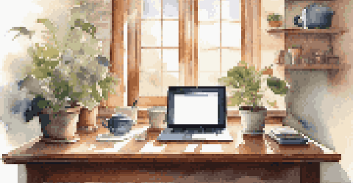 A bright and organized indoor workspace with a laptop, a small plant, and a cup of tea, illuminated by soft sunlight from a window.