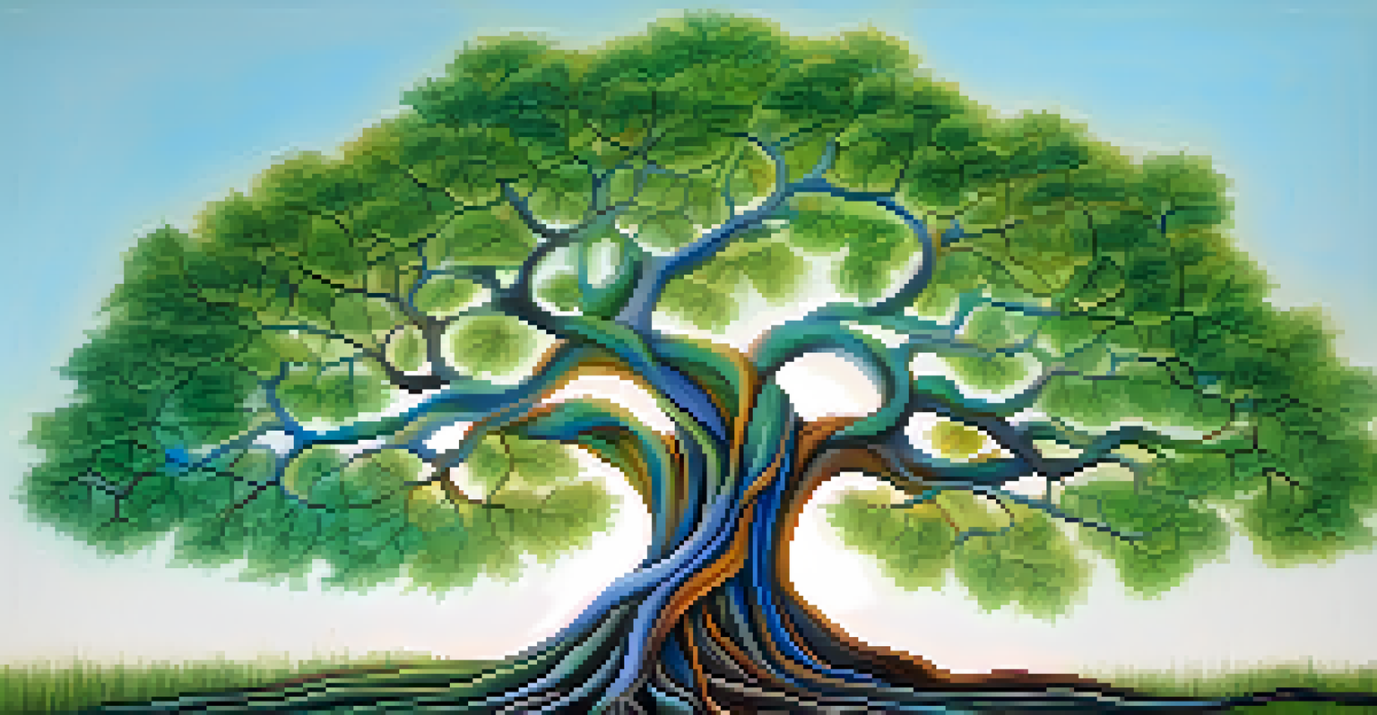 A colorful tree with intertwined roots and branches, representing growth and connection in a relationship.