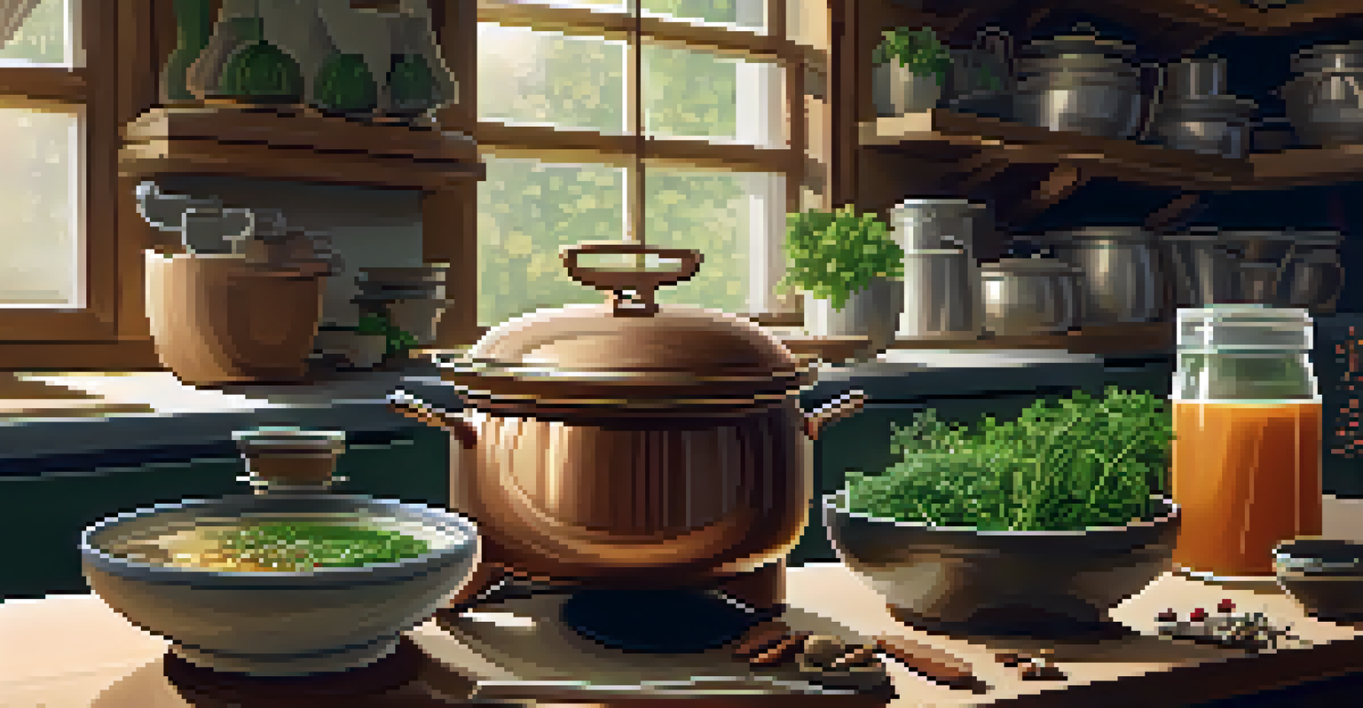 A kitchen with a pot of beef broth simmering on the stove, surrounded by fresh herbs and spices.