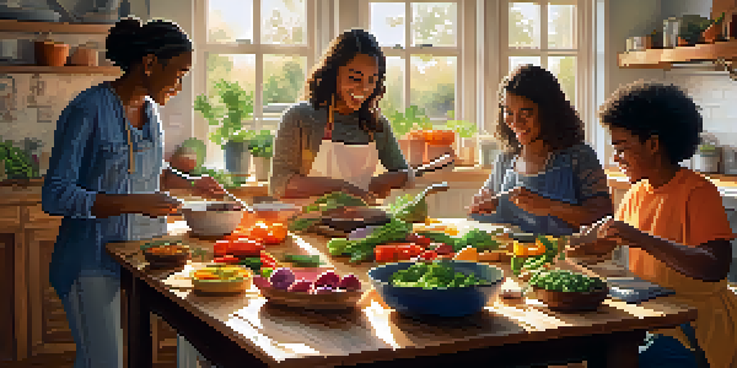 A group of friends happily cooking together in a sunlit kitchen, with colorful vegetables and allergy-friendly ingredients on the table.