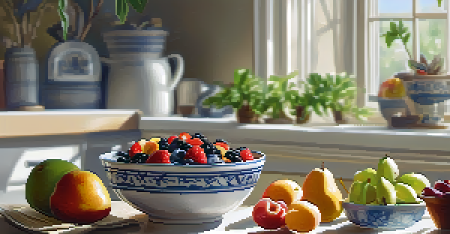 A bowl of yogurt topped with fresh fruits and nuts in a bright kitchen, surrounded by natural light.