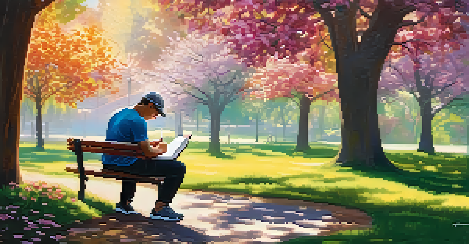 A person sitting on a bench in a park, writing in a fitness journal surrounded by trees and flowers.