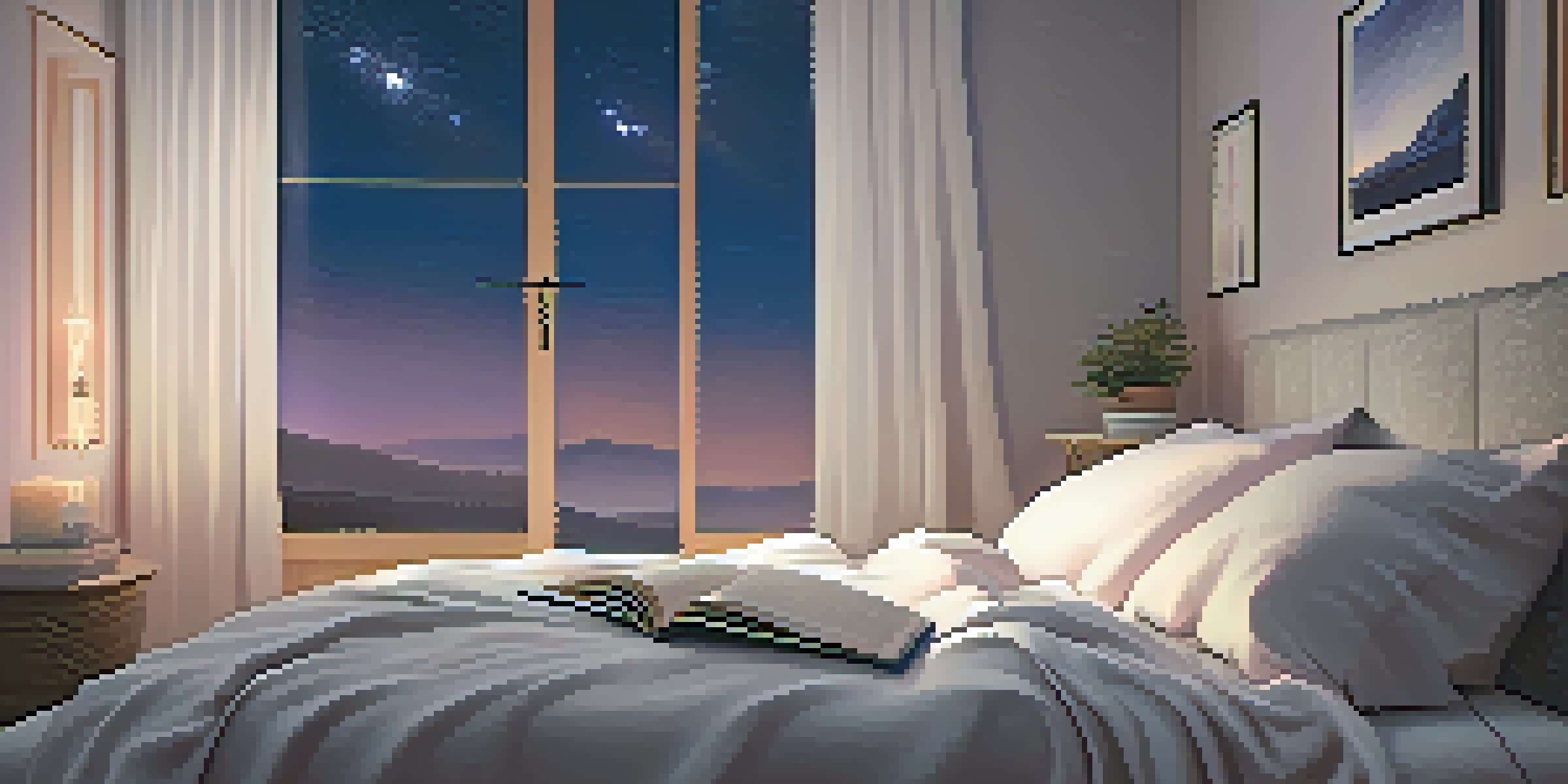A serene bedroom with a neatly made bed, a diffuser releasing lavender mist, a journal, and a clear night sky visible through the window.