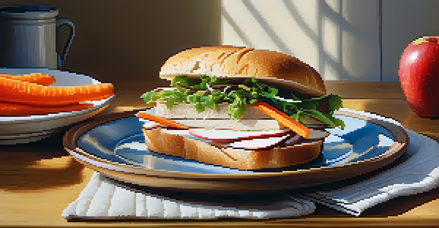 A balanced meal plate with a turkey sandwich, carrot sticks, and an apple on a rustic wooden table.