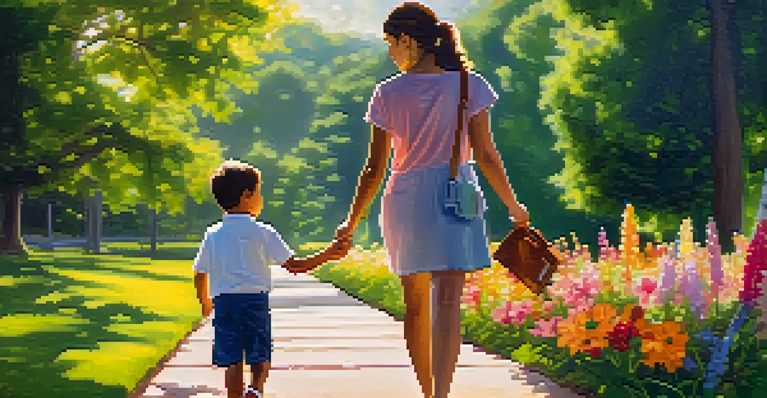 A parent and child walking in a sunny park, with the child sketching flowers in a notebook, illustrating a supportive and nurturing relationship.
