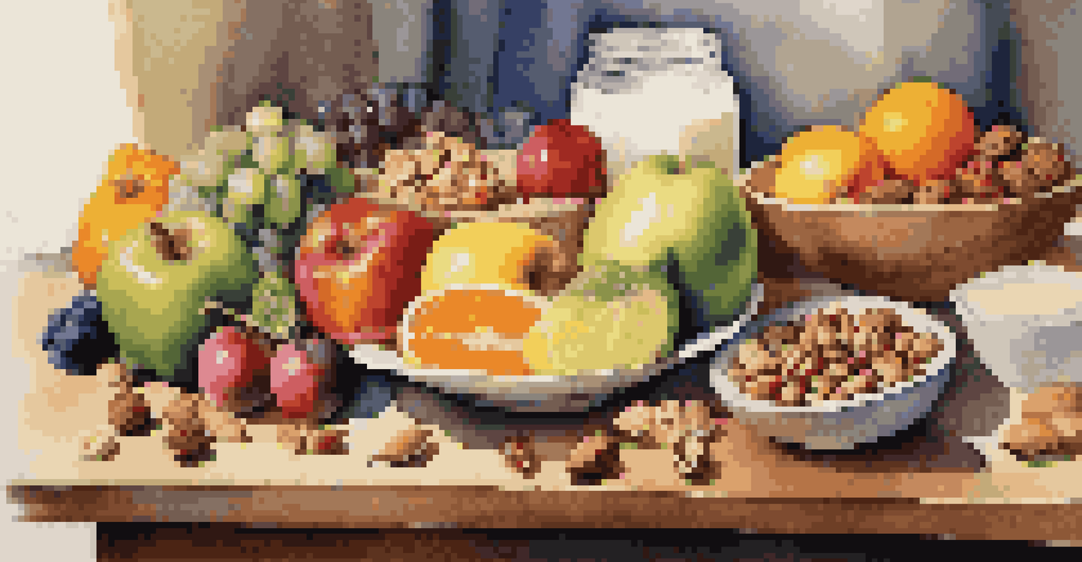 A colorful display of fruits, vegetables, dairy, and nuts arranged on a wooden table, illuminated by warm sunlight.