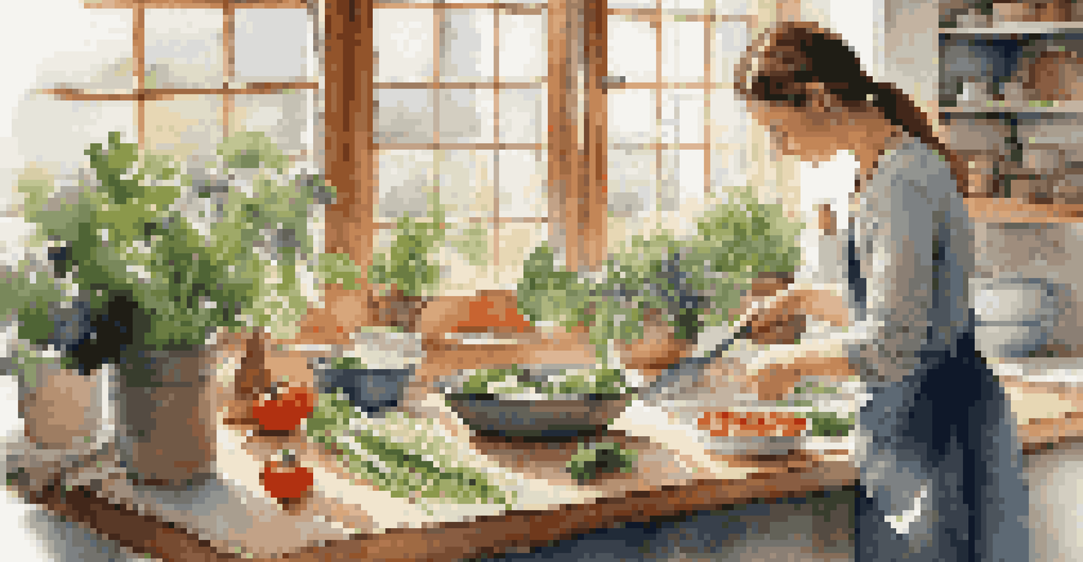 A person chopping fresh vegetables in a bright kitchen, with herbs on the windowsill and natural light illuminating the scene.