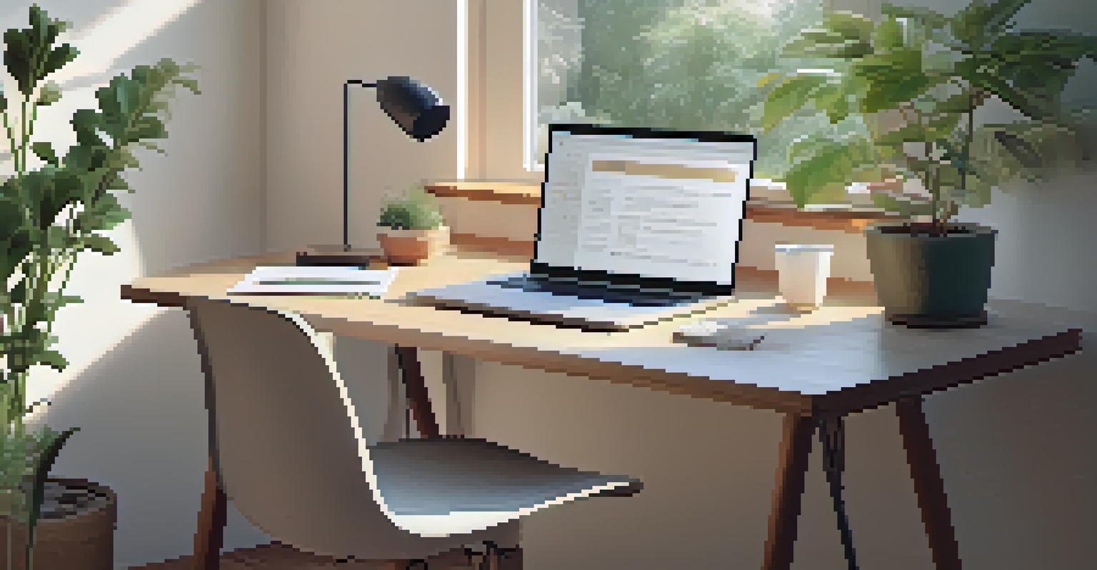 A cozy home workspace with a laptop, tea, and plant, bathed in natural light from a window.