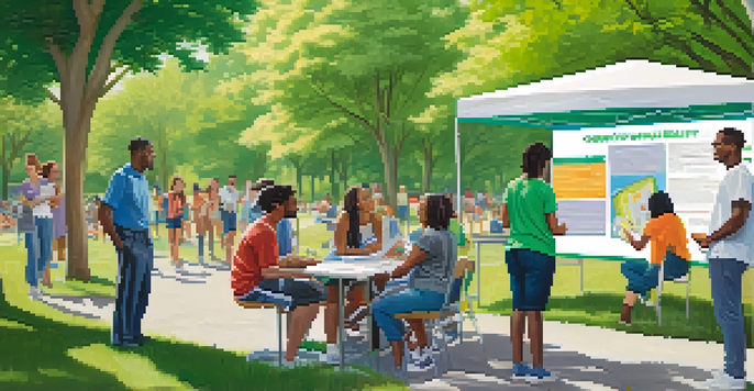 A group of young adults participating in a health screening event outdoors, surrounded by greenery, with various health check-up stations.