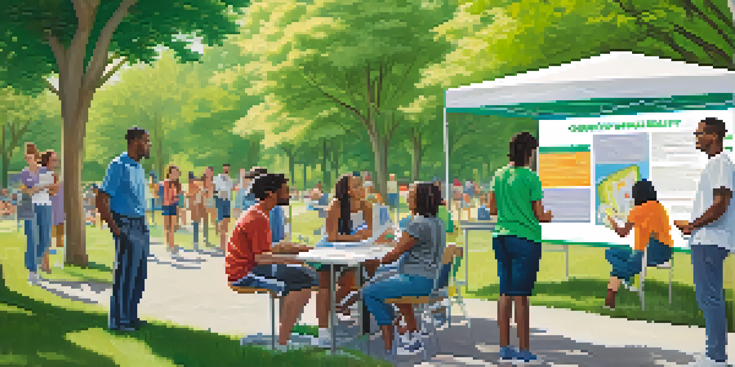 A group of young adults participating in a health screening event outdoors, surrounded by greenery, with various health check-up stations.