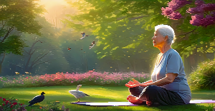An elderly person practicing yoga in a peaceful park at sunrise, surrounded by nature.