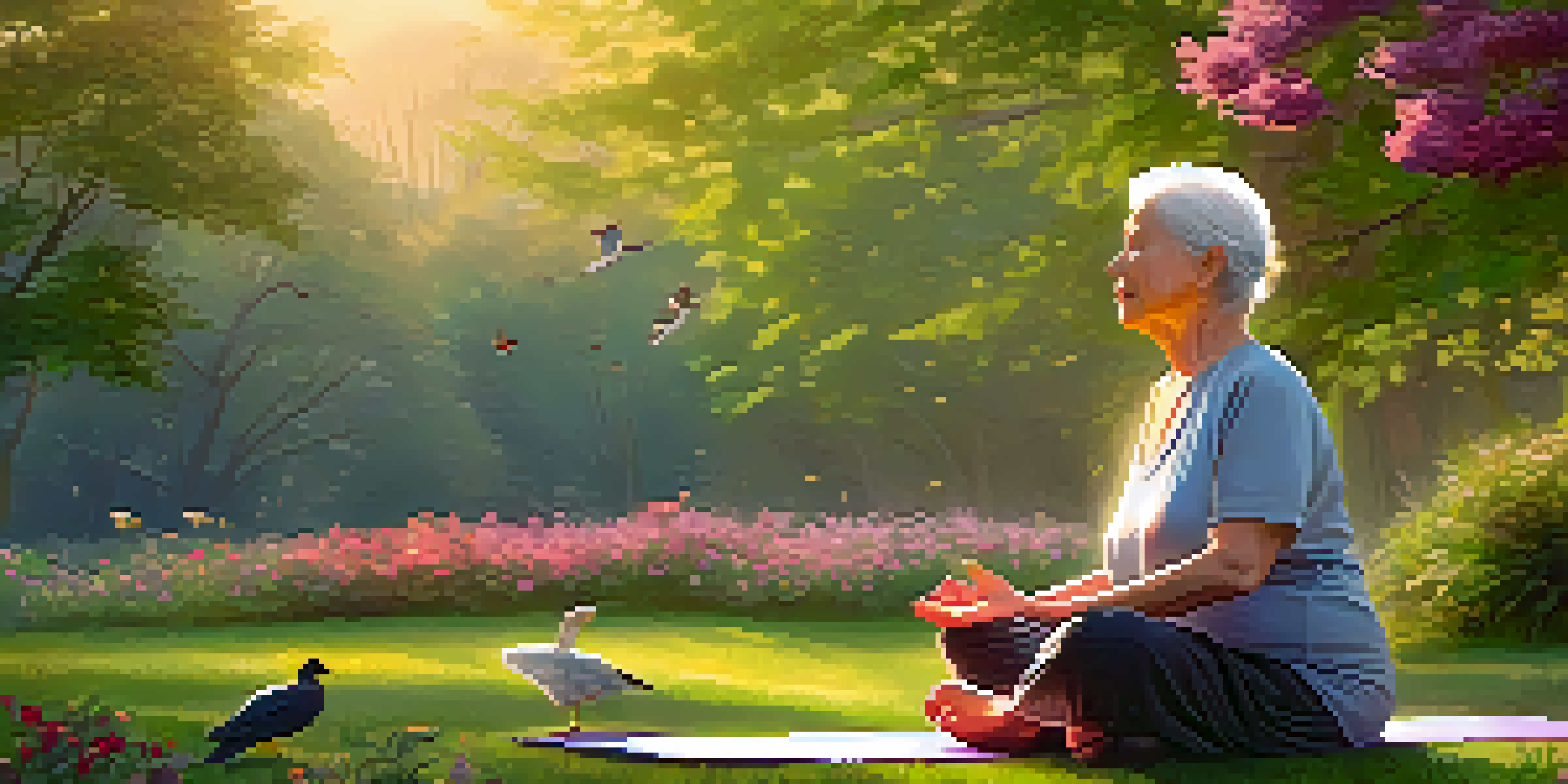 An elderly person practicing yoga in a peaceful park at sunrise, surrounded by nature.