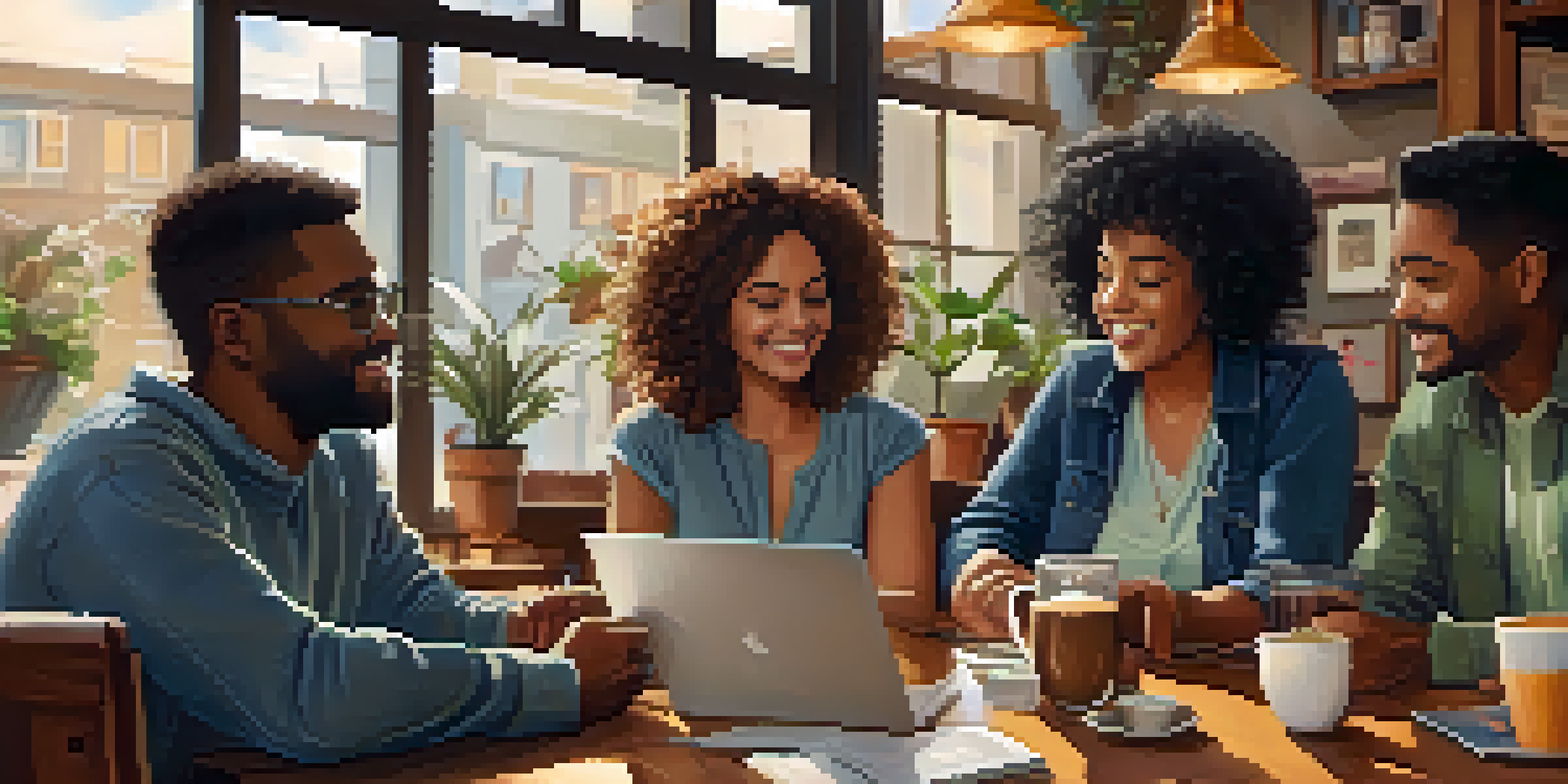 A group of diverse individuals in a cozy coffee shop discussing self-care, surrounded by warm lighting and plants.