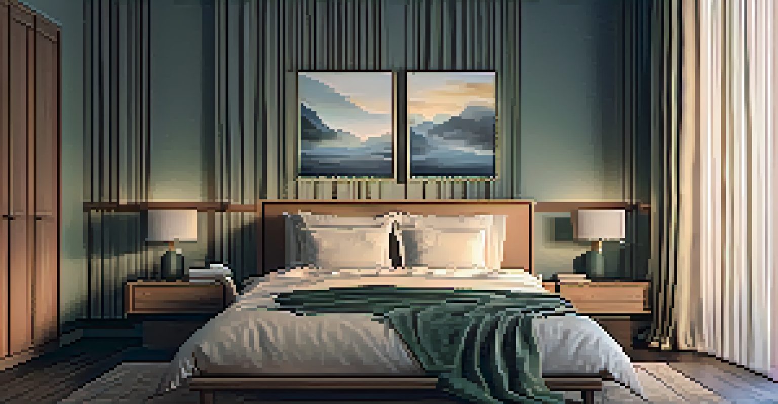 A serene bedroom with a neatly made bed and soft lighting, creating a peaceful atmosphere for sleep.
