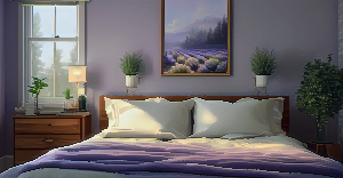 A peaceful bedroom with a diffuser releasing lavender mist, warm lighting, and a cozy bed, creating a calming atmosphere for sleep.