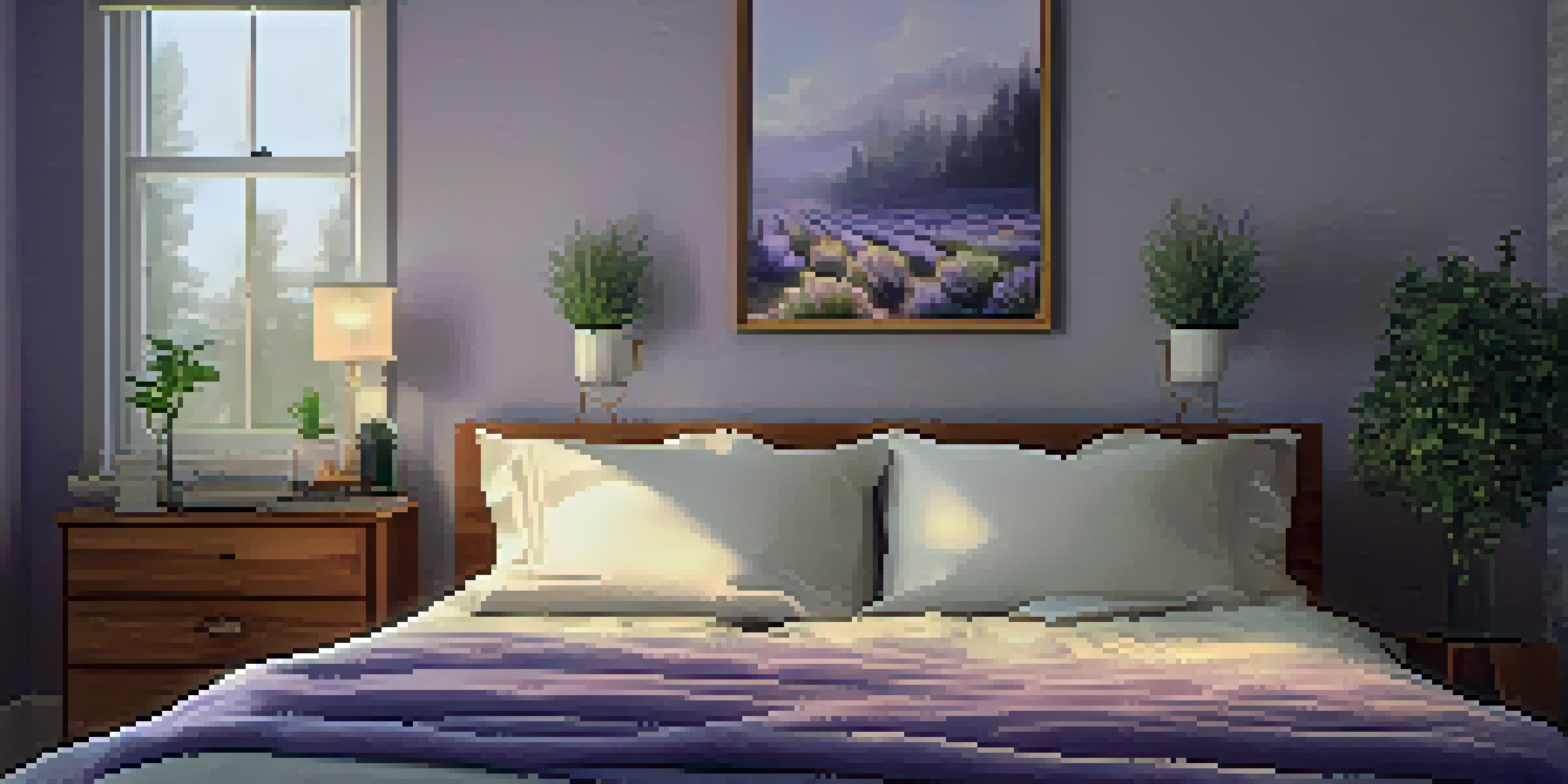 A peaceful bedroom with a diffuser releasing lavender mist, warm lighting, and a cozy bed, creating a calming atmosphere for sleep.