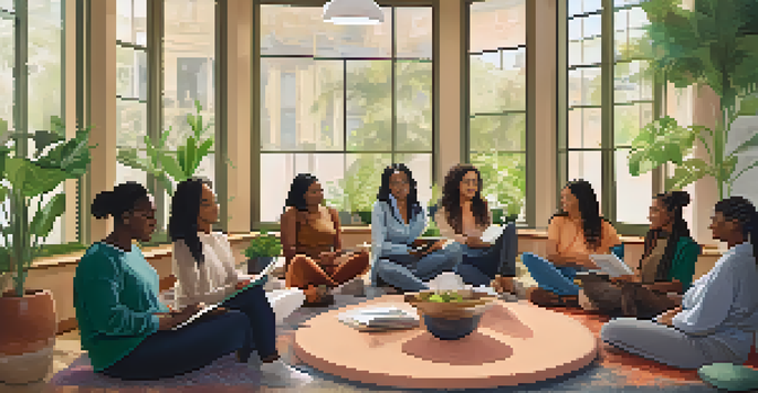 A diverse group of women participating in a health coaching session, sitting in a circle with notebooks and pens, in a bright and welcoming room.