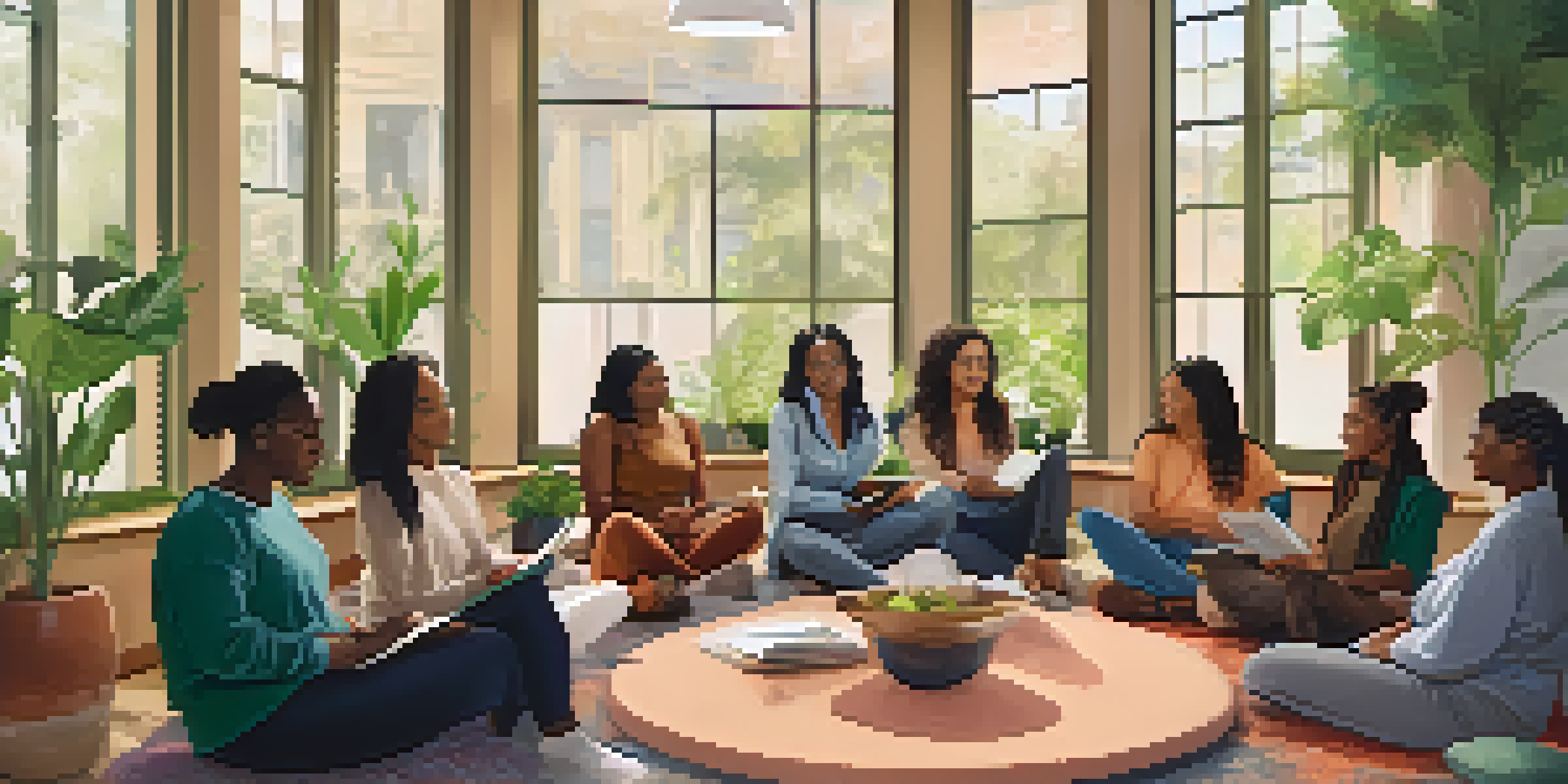 A diverse group of women participating in a health coaching session, sitting in a circle with notebooks and pens, in a bright and welcoming room.