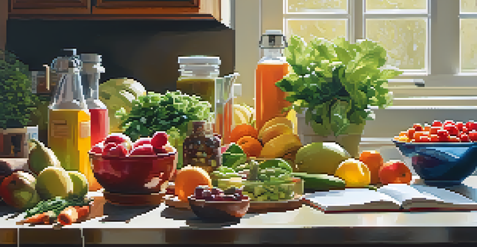 A colorful kitchen countertop adorned with fresh fruits, vegetables, lean proteins, and whole grains, complemented by a notebook and a water bottle, illuminated by sunlight.