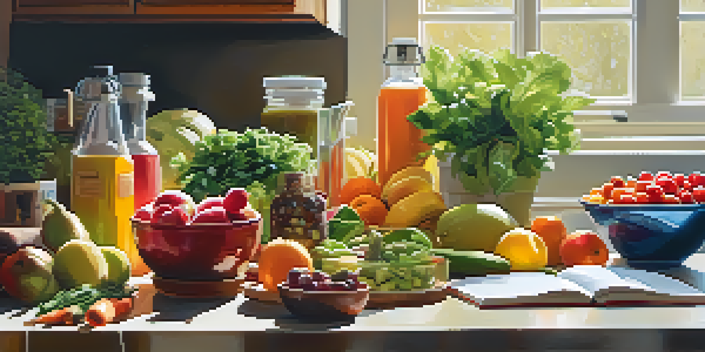 A colorful kitchen countertop adorned with fresh fruits, vegetables, lean proteins, and whole grains, complemented by a notebook and a water bottle, illuminated by sunlight.