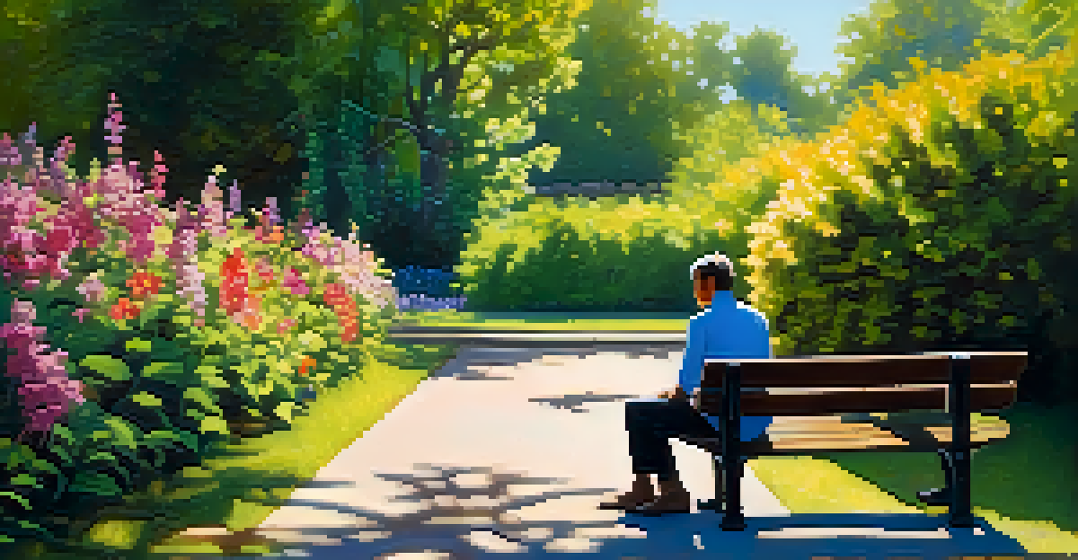 A person sitting on a bench in a colorful park, surrounded by flowers and trees, enjoying a peaceful moment in the sunshine.