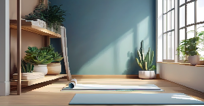 A peaceful yoga corner with a bamboo mat, green plants, and soft blue walls, illuminated by warm lighting.