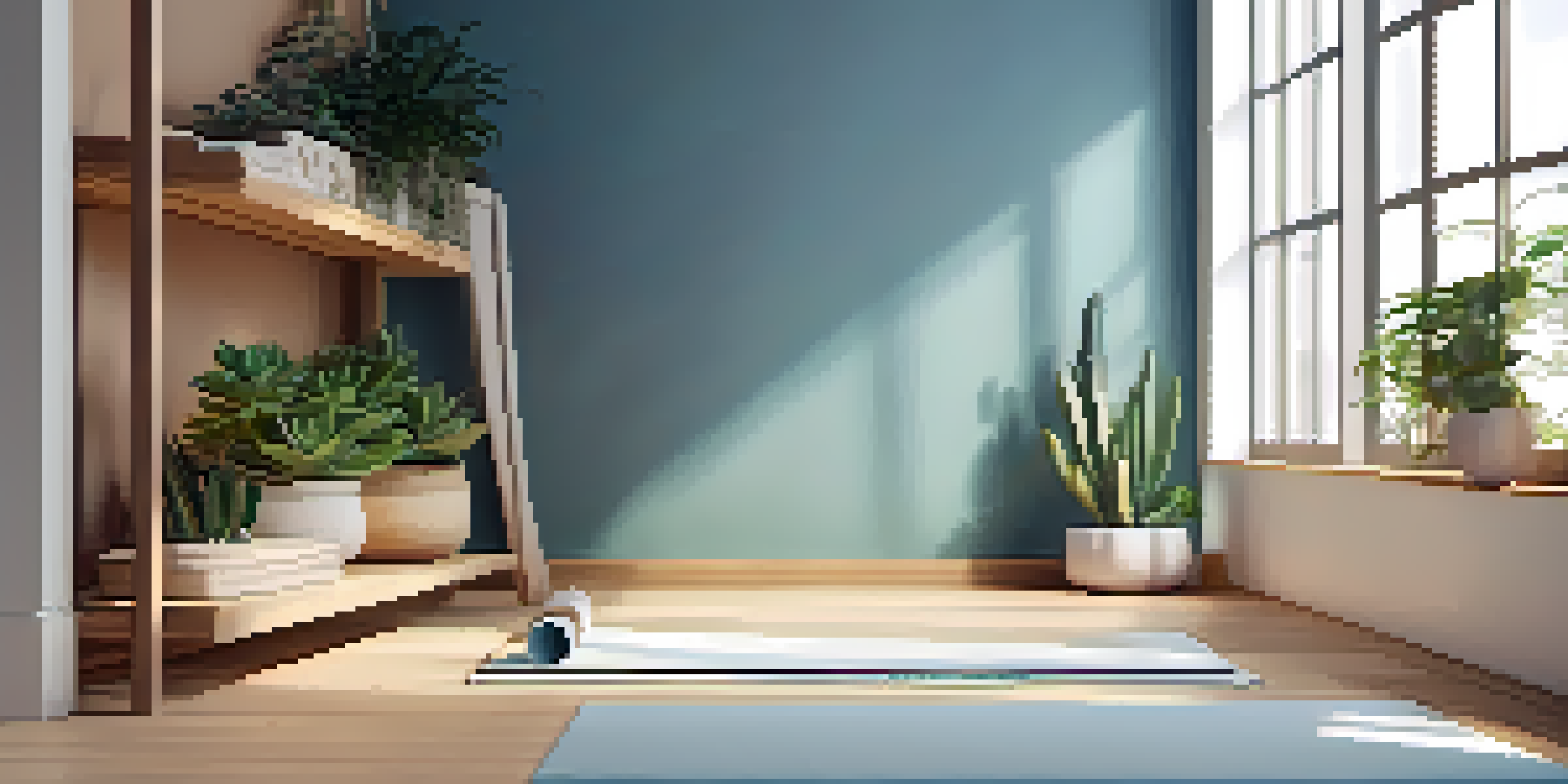 A peaceful yoga corner with a bamboo mat, green plants, and soft blue walls, illuminated by warm lighting.