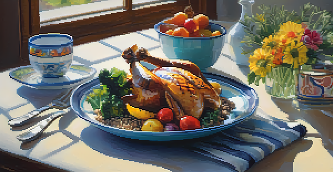 A beautifully arranged dining table with a plate of grilled chicken, roasted vegetables, and quinoa, adorned with flowers and soft natural light.