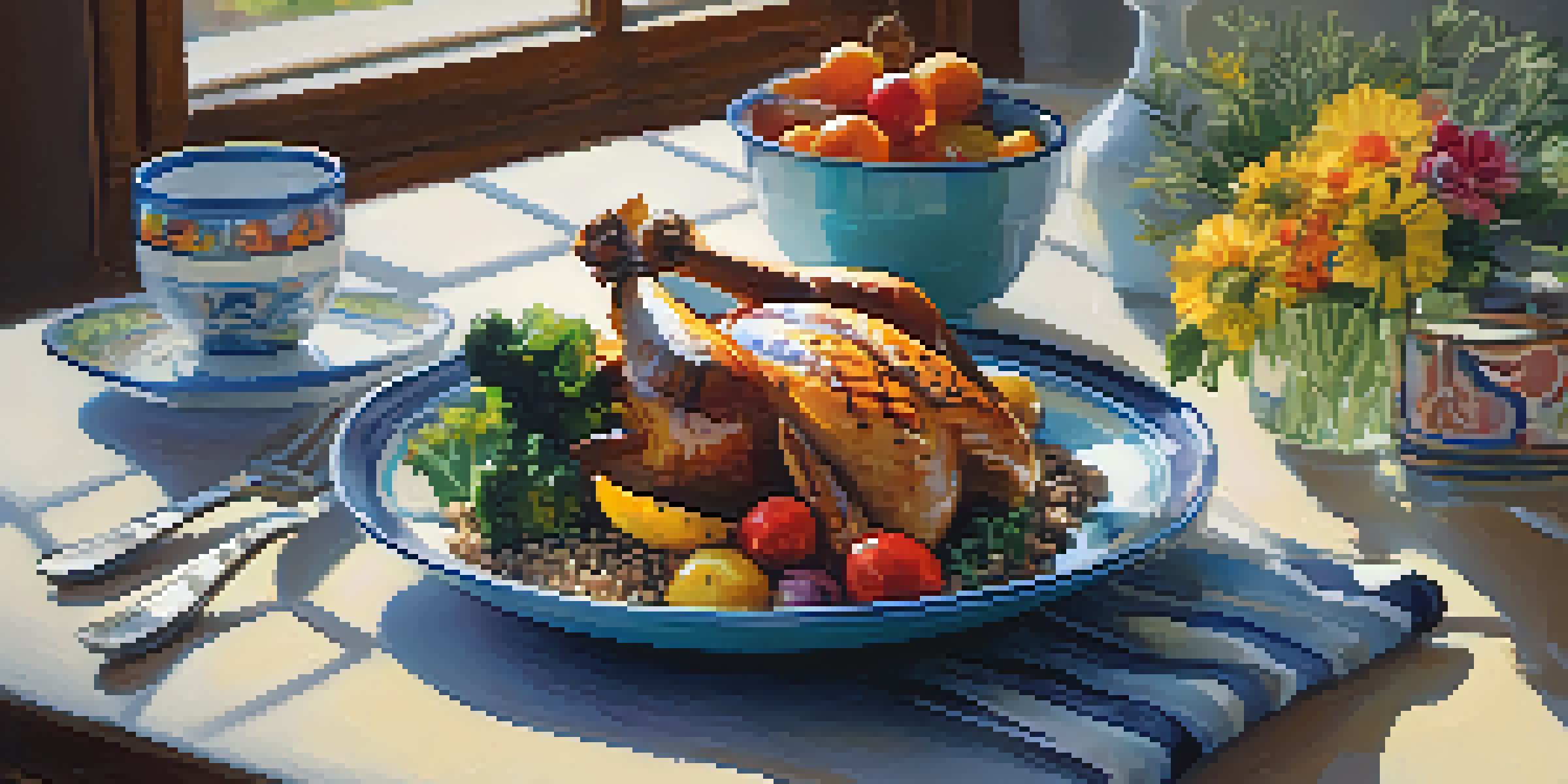 A beautifully arranged dining table with a plate of grilled chicken, roasted vegetables, and quinoa, adorned with flowers and soft natural light.